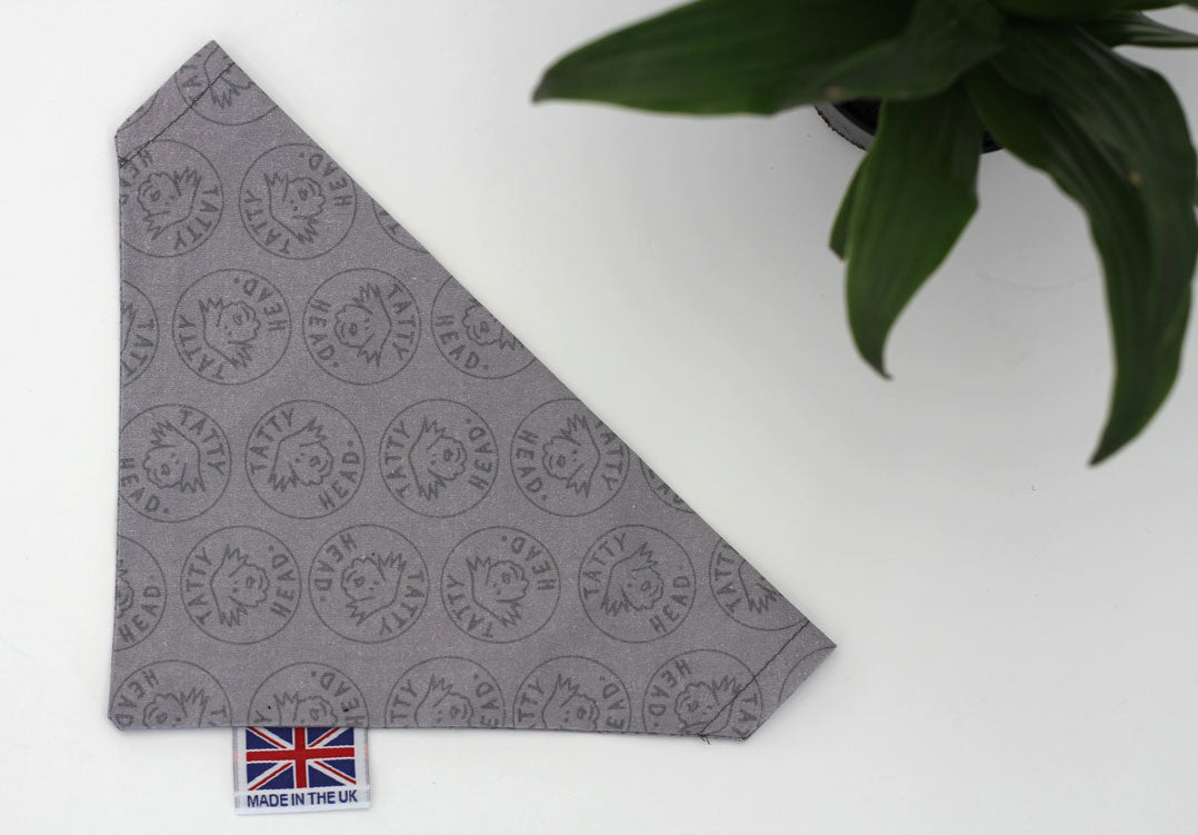 grey dog bandana with printed patter arial view