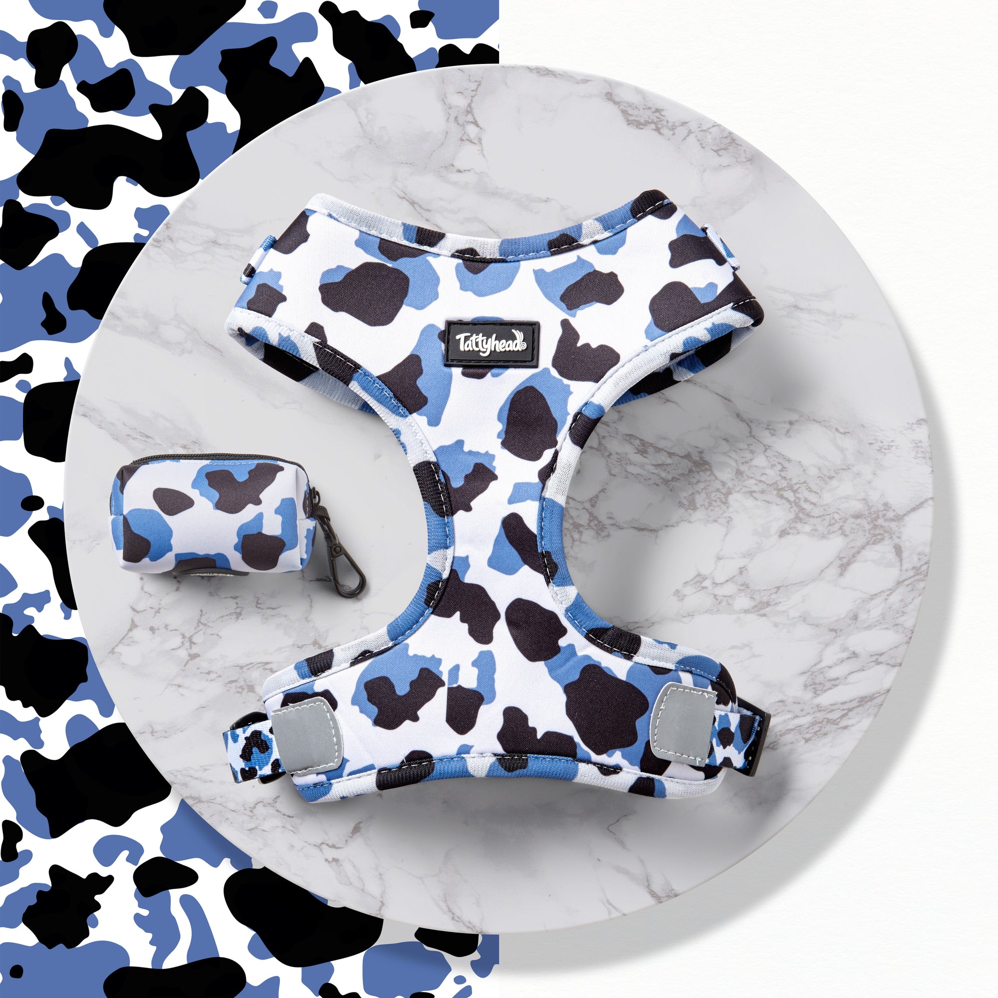 Blue Leopard Print - Harness & Poo Bag Combo