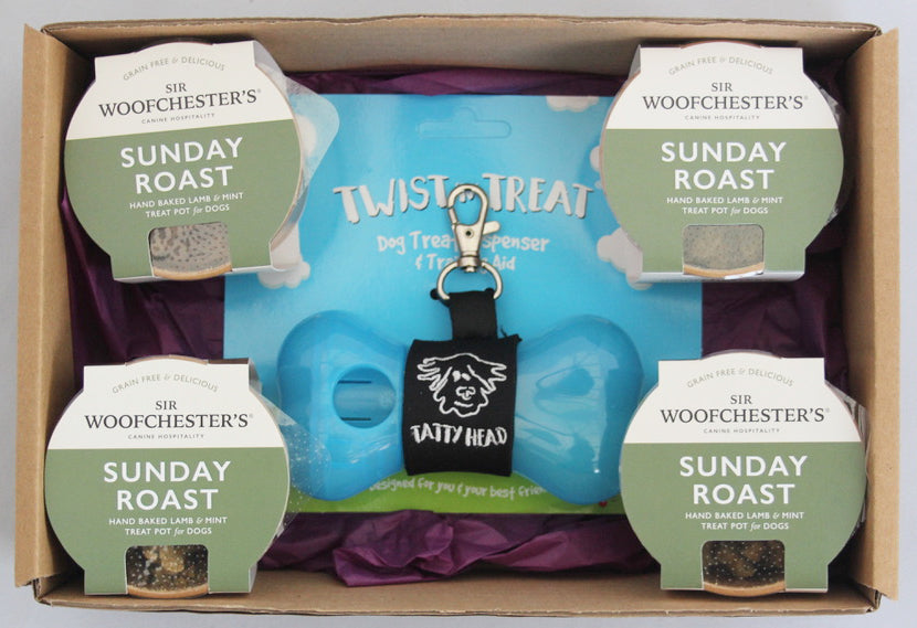 Blue Dispenser Combo Box With 4 Pots of Sunday Roast Treats