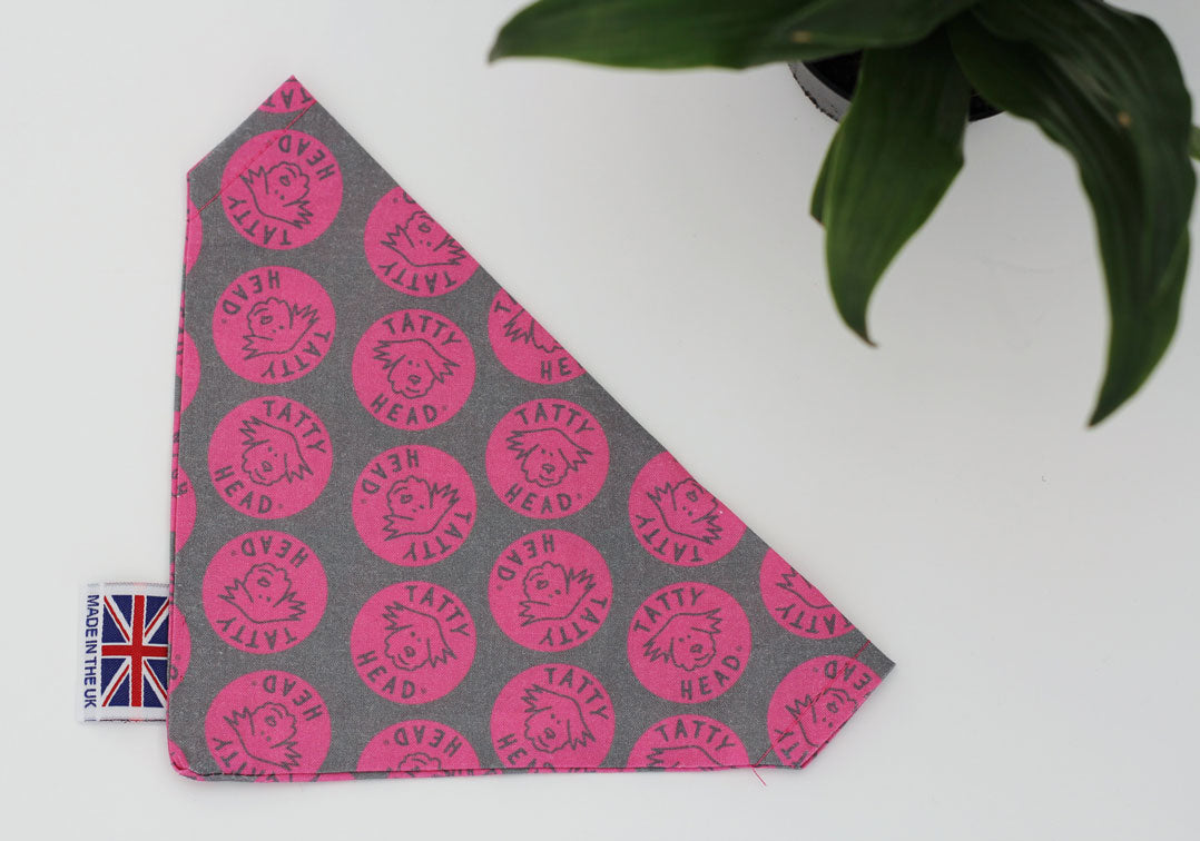 Pink pattern polka dot dog bandana with tatty head print