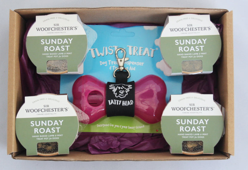 Pink Dispenser Combo Box With 4 Pots of Sunday Roast Treats.